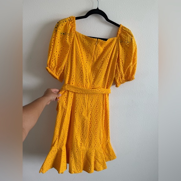 NWT Sachin & Babi Yellow Eyelet Ruffled Hem Belted Puff Sleeves Dress - Picture 6 of 6